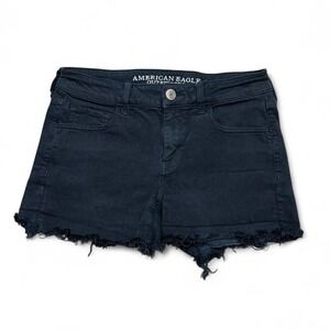 American Eagle faded black denim shorts super stretched with frayed hem size 8